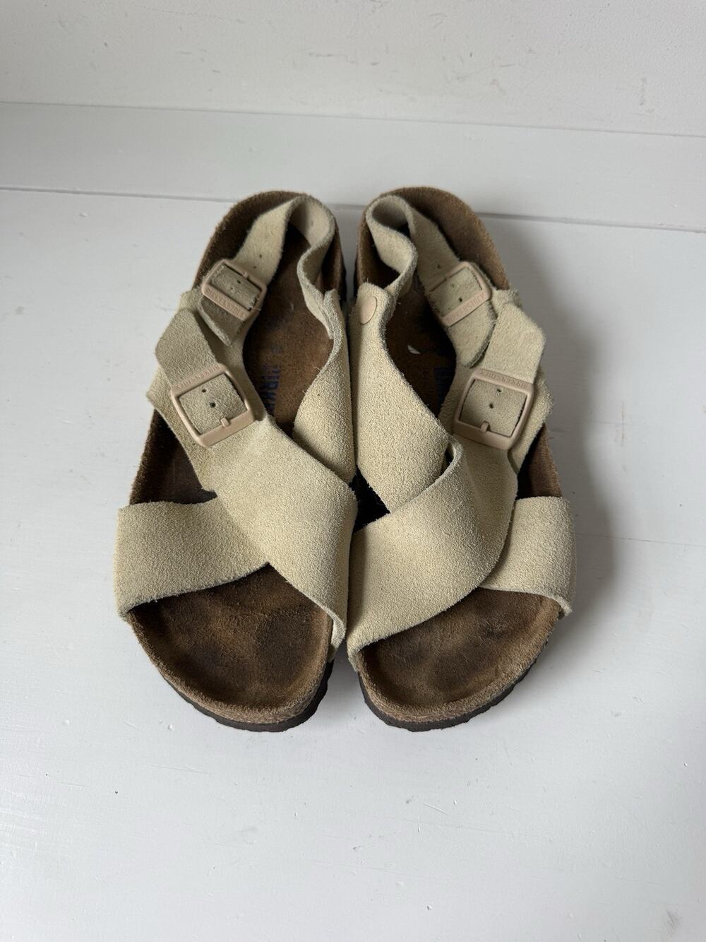 Birkenstock Tulum Womens Sandals Size 8 EU 39 Suede Soft Footbed Taupe Exellent